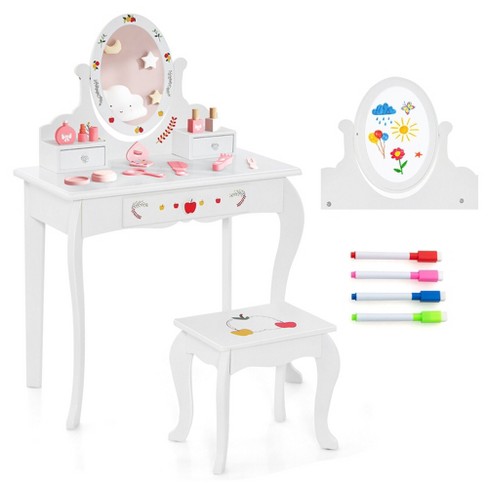 Tangkula Kid Vanity Set Makeup Table Stool With Drawer Shelf Wood Leg  Rabbit Mirror Pink : Target