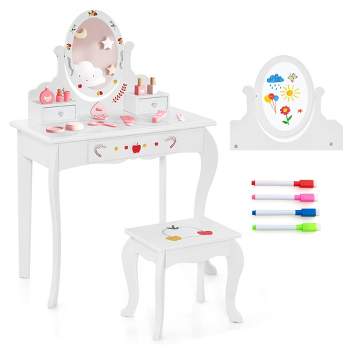 Tangkula Kid Vanity Table Stool Set Dual-use Rotatable Mirror Whiteboard 4 Markers