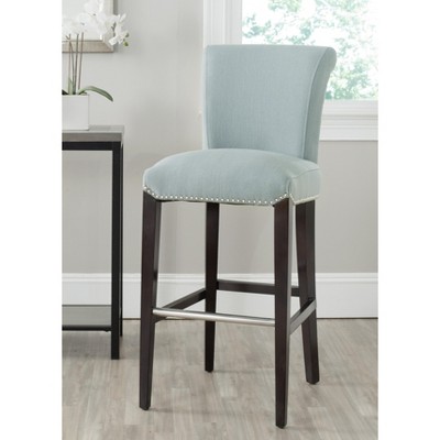 Transitional Sky Blue Leather & Wood Bar Stool with Metal Accents
