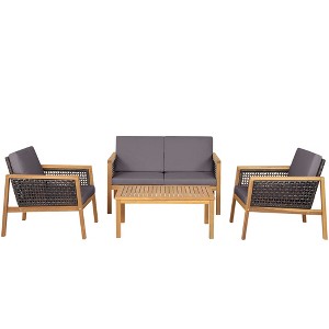 Tangkula 4PCS Patio Acacia Wood Furniture Set PE Rattan Conversation Set w/ Grey Cushions - 1 of 4