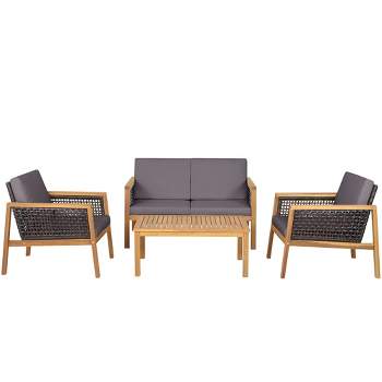 Tangkula 4PCS Patio Acacia Wood Furniture Set PE Rattan Conversation Set w/ Grey Cushions