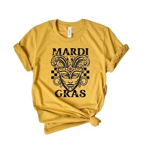Simply Sage Market Women's Mardi Gras Mask Distressed Short Sleeve Graphic Tee - 1 of 3