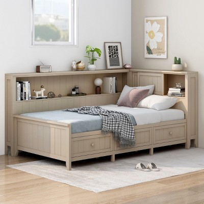 1 Storage Daybed Frame, Solid Wood Bed with Shelves and 3 Drawers, No Box Spring Needed - Baofuwish