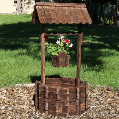 Brown Fir Wood Wishing Well Garden Planter with Hanging Bucket