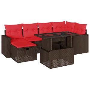 vidaXL Patio Sofa Set with Cushions and Table Outdoor Garden 7 Piece Poly Rattan - Brown without storage - 1 of 4