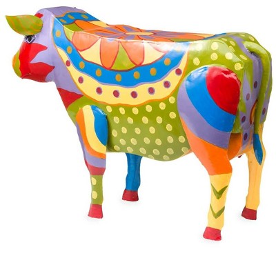 Handmade Colorful Painted Folk Art Cow Metal Side Table