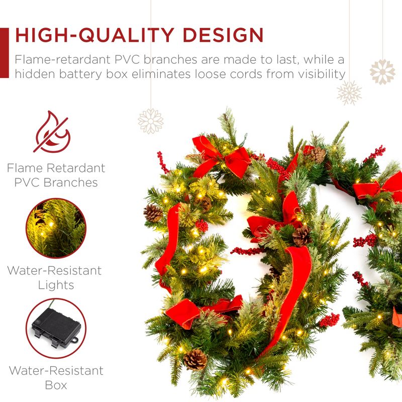 Best Choice Products 9ft Pre-Lit Christmas Garland, Battery Powered Decoration w/ 100 Lights, 180 Tips, Pine Cones, 4 of 8