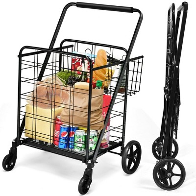 Costway Heavy Duty Folding Shopping Cart Utility Jumbo Double Basket 330lbs Black