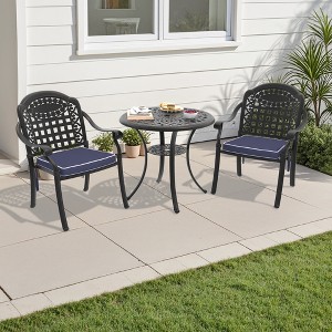 3-Piece Cast Aluminum Outdoor Dining Set: Round Table, Stackable Chairs & Blue Cushions - All-Weather Patio Furniture for Your Backyard - 1 of 4