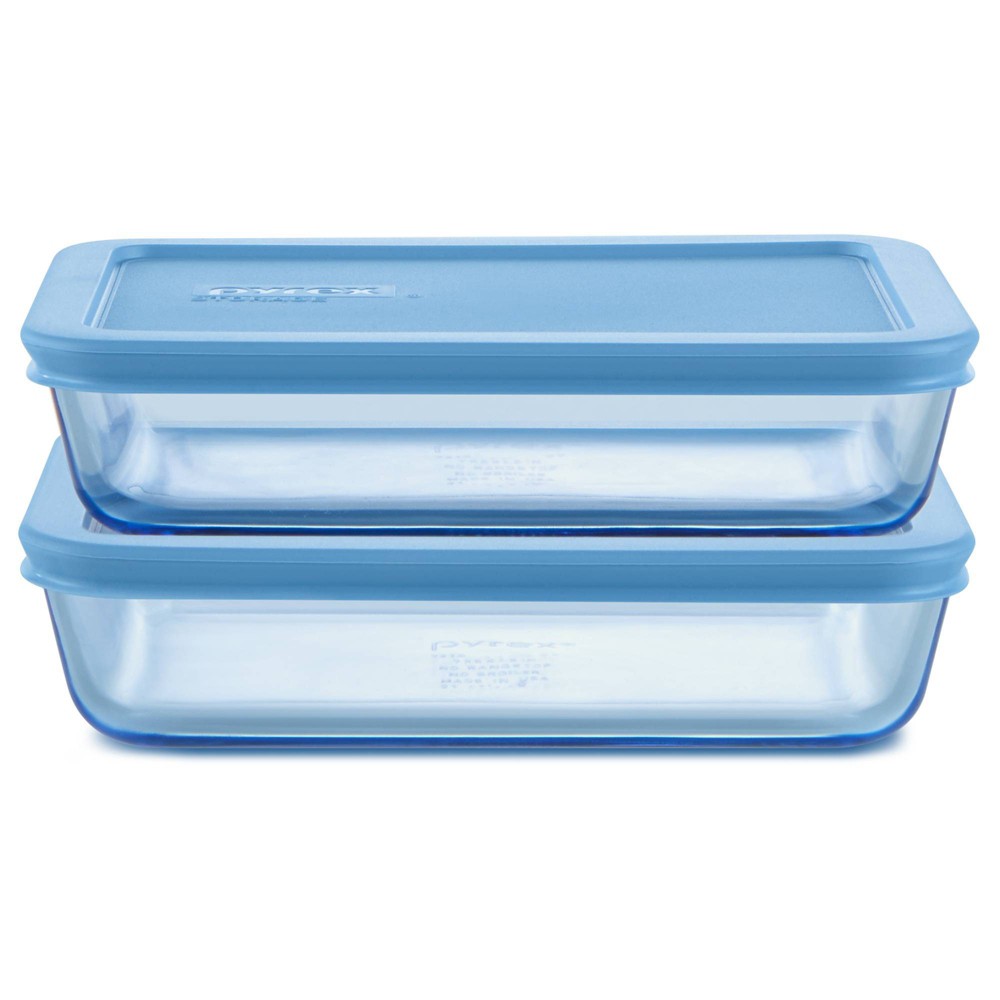 Pyrex® Simply Store® Tint 4pc Lidded Rectangle Storage Set Blue: Glass Baking Dishes, Microwave-Safe, 24 Volume Capacity
