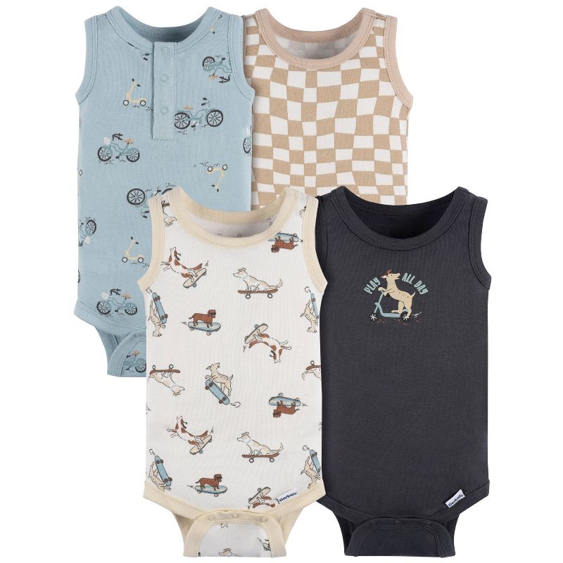 Gerber Baby Boys' 4-Pack Sleeveless Onesies Bodysuits, Blue Bike, 0-3M