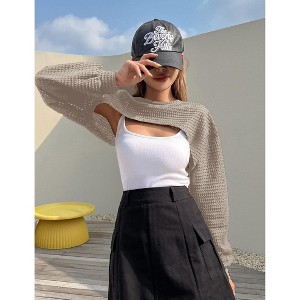 Women's Knitted Crop Top Long Sleeve Hollow Out Shrug Sweater  Knit Cover Up Tops - 1 of 4
