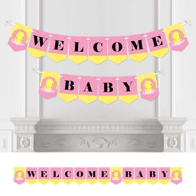 Big Dot of Happiness Pink Ducky Duck - Girl Baby Shower Bunting Banner - Pink Party Decorations - Welcome Baby