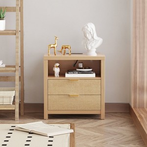 Nightstand with Charging Station Accent Night Stand with 2 Drawers and Storage Shelf Slide Drawer Bedside Table for Bedroom Natural Oak Thick Wood - 1 of 4