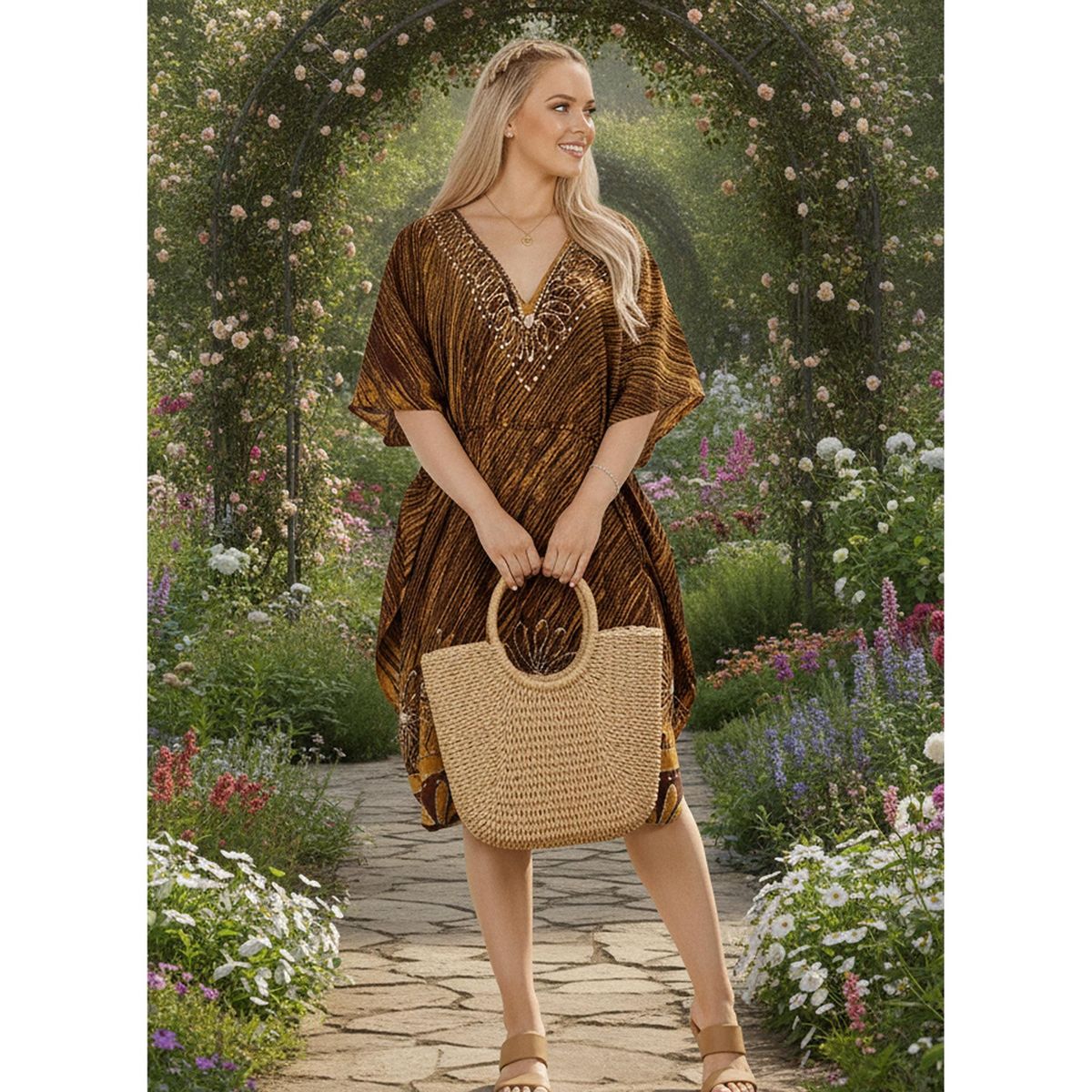LA LEELA Summer Cotton Cruise Caftan Dress for Women Resortwear Vacation Holiday Pregnancy Wear Relaxed Beachwear Style 2X-3X Brown Floral - thumbnail 5