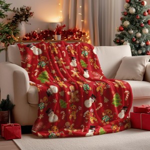 Lomsoe Christmas Flannel Blanket Throw, Red Gingerbread Man Christmas Bear Soft Flannel Blankets for Couch Sofa Bed. - 1 of 4