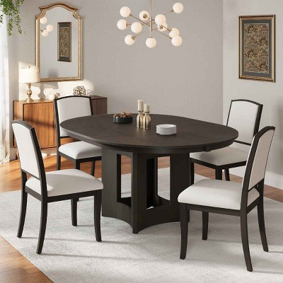 5 PCS Farmhouse Dining Set, Round Dining Table with Removable Leaf and MDF Top, Upholstered Chairs with Rubberwood Frame-Coolbibila