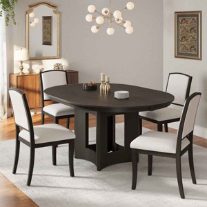 5 PCS Farmhouse Dining Set, Round Dining Table with Removable Leaf and MDF Top, Upholstered Chairs with Rubberwood Frame-Coolbibila - 1 of 4
