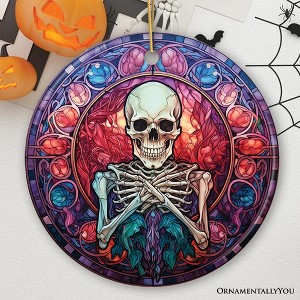 Ghastly Grins Haunted Halloween Skeleton Stained Glass Style Ceramic Ornament, Halloween Themed Christmas Gift| OrnamentallyYou - 1 of 4