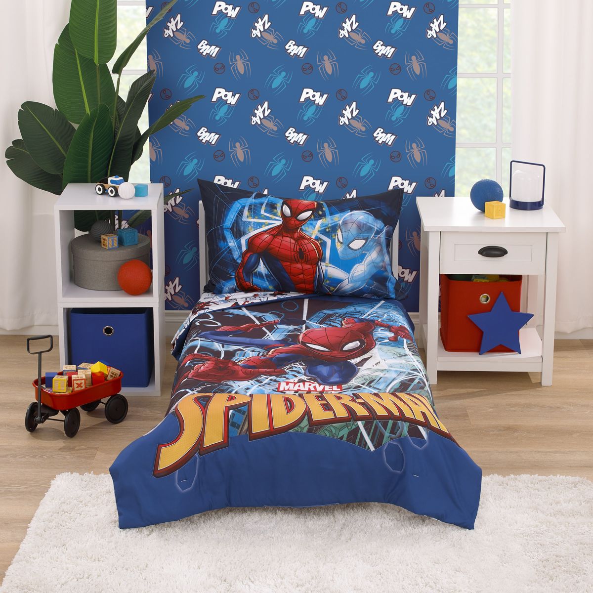 Marvel Spiderman to the Rescue Red, White, and Blue 4 Piece Toddler Bed Set
