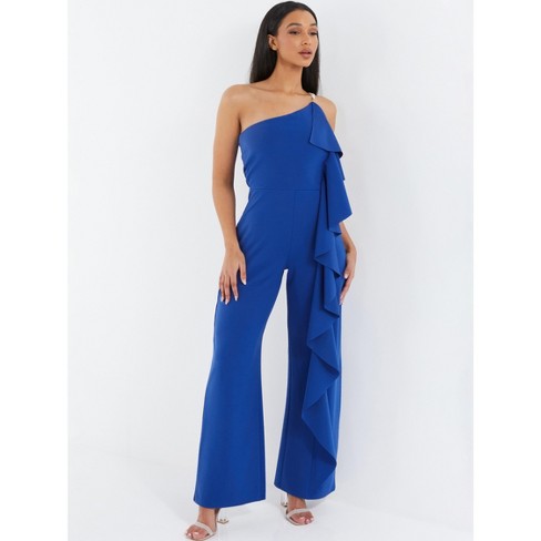 One-Shoulder Navy Blue Jumpsuit with Frills - Buy Online