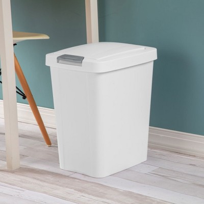 White Plastic TouchTop Wastebasket with Titanium Latch, 7.5 Gallon
