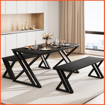 Homhougo 55” Dining Table with Benches, Kitchen Table Set for 4-6, Rectangular Dining Room Table Set with Sturdy Metal Frame