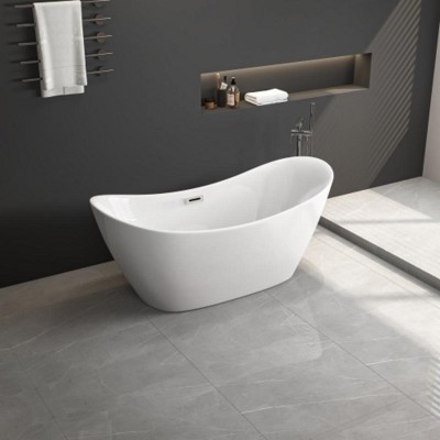 67" Freestanding Soaking Bathtub With Adjustable Leveling Feet, Brushed Nickel Drainage Pipes And Overflow Outlets Acrylic Soaking Bathtub