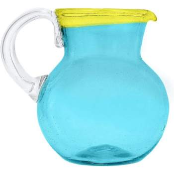 Amici Home Acapulco Pitcher, Authentic Mexican Handmade, Glassware for Margaritas, Lemonade, Round Blue Glass, Yellow Rimmed,80-Ounce