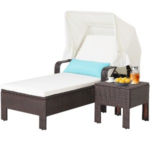 Costway 2PCS Patio Rattan Lounge Chair Chaise with Side Table Folding Canopy Cushion Pillow - 1 of 4