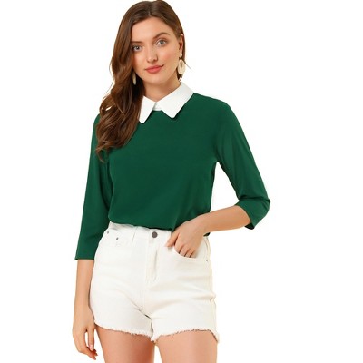 INSPIRE CHIC Women's 3/4 Sleeves Contrast Collar Blouse Tops