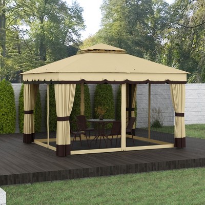 Beige and Brown Double Roof Patio Gazebo with Netting and Curtains