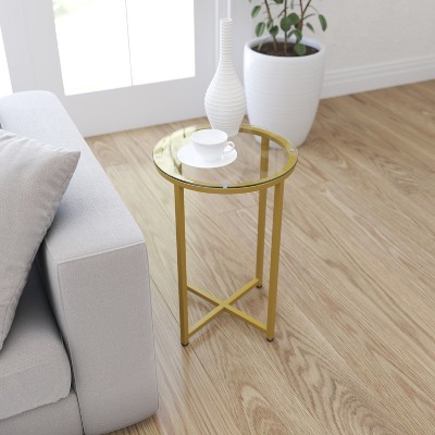Round Clear Glass End Table with Gold Metal Cross Legs