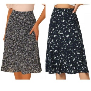 INSPIRE CHIC Women's Print Floral Peasant Elastic Waist A-Line Midi Skirts 2 Packs - 1 of 4