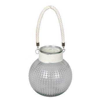 Vickerman 10" Glass Jar with White Rope Handle. This clean and modern design features a round glass jar with a white rope handle and wrapped top. It