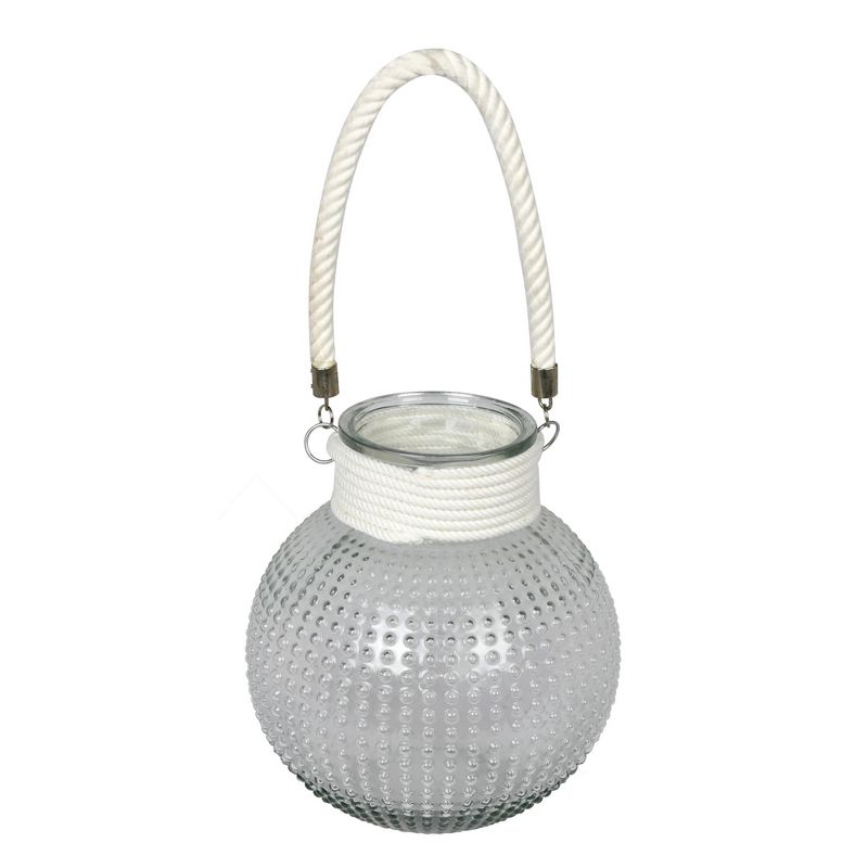 Vickerman 10" Glass Jar with White Rope Handle. This clean and modern design features a round glass jar with a white rope handle and wrapped top. It, 1 of 2