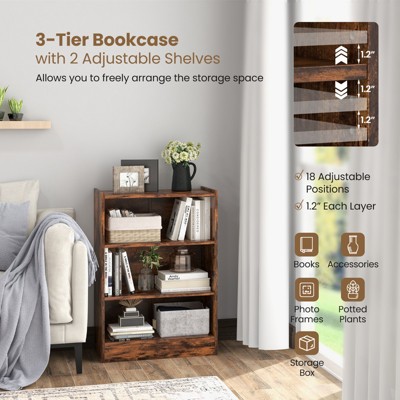 Rustic Brown 3-Tier Adjustable Wood Bookcase