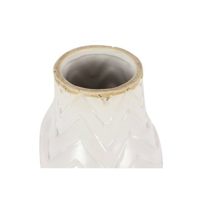 White Chevron Pattern Ceramic Vase with Brown Base, 12"