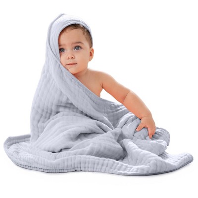 Image of Baby Hooded Muslin Cotton Towel for Kids by Comfy Cubs, Slate Gray, 1 Pack