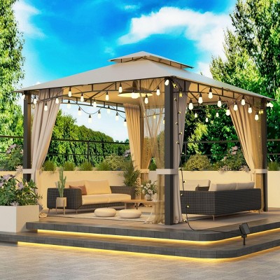 10x12ft Grill Gazebo, Galvanized Steel Canopy, with Mosquito Netting and Curtains for Patio and Backyard Use - Coolbibila