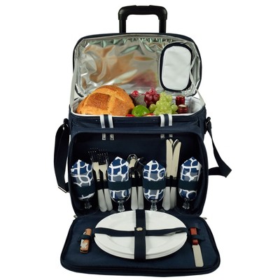 Blue Insulated Rolling Picnic Cooler with Service for Four