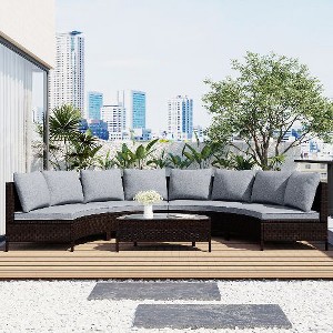 Sapphtopaz 5-Piece PE Rattan Outdoor Sofa Set, Modular 2-Seater with Half-Moon Glass Table, Outdoor Sectional Furniture Set, Modular Patio Sofa - 1 of 4