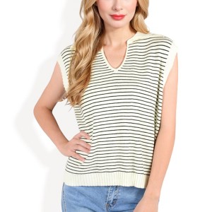 Anna-Kaci Women's Sleeveless Knit Striped V-Neck Sweater Vest with Ribbed Trim for Casual Styles - 1 of 4