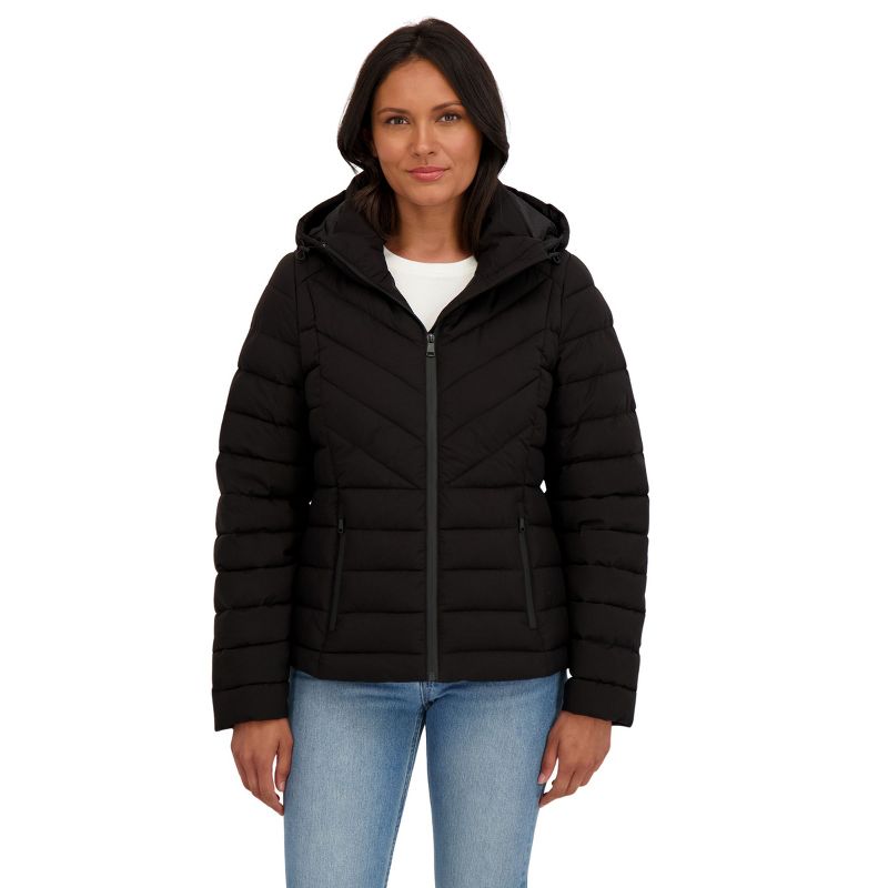 Women's Winter Short Stretch Packable Puffer Coat - S.E.B. By SEBBY BLACK Small