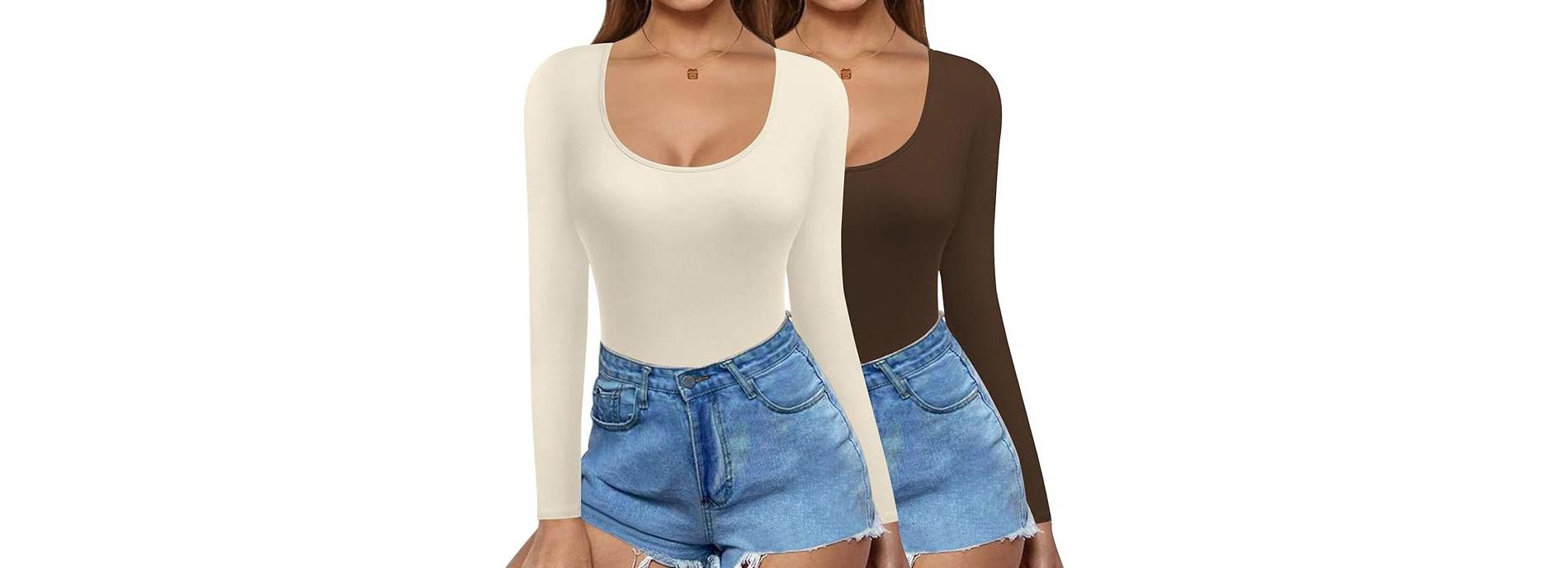 Ekouaer 2 Pack Long Sleeve Shirts for Womens Scoop Neck Tops Slim Fit Undershirts Basic Thermal Tee Shirt