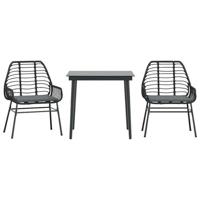 vidaXL 3 Piece Patio Dining Set - Black Poly Rattan Glass - Outdoor Table and Chairs with Cushions for Garden, Patio
