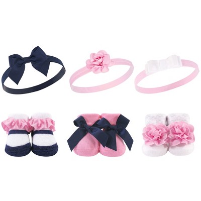 Hudson Baby Infant Girl Headband and Socks Giftset 6pc, Navy White, One Size