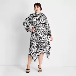 Women's Plus Size Long Sleeve Mock Neck Asymmetrical A-Line Dress - Future Collective™ with Kahlana Barfield Brown Black/White Marble 4X