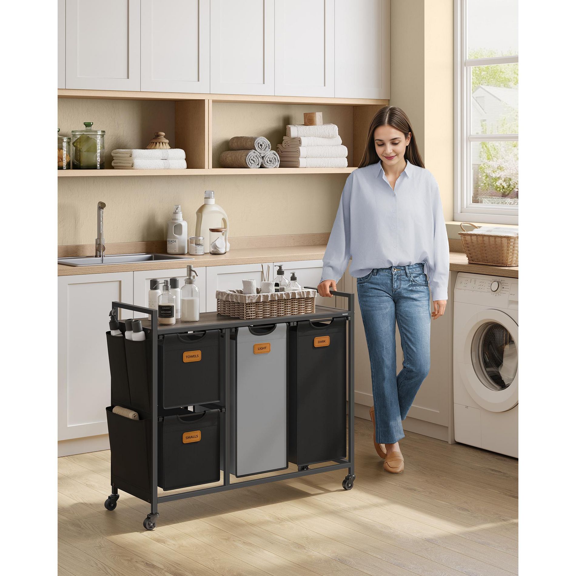 VASAGLE Laundry Hamper with 4 Compartments, 39.6 Gal. (150 L) Laundry Sorter, Rolling Laundry Cart with Shelves, Ink Black and Dove Gray