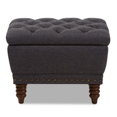 Dark Grey Fabric Upholstered Button-Tufted Storage Ottoman with Walnut Wood Legs